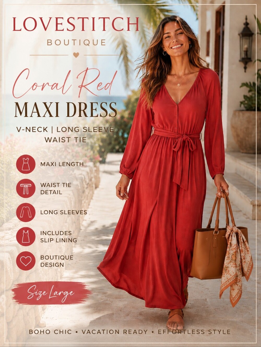 Lovestitch Coral Red Maxi Dress | V-Neck Long Sleeve Waist Tie | Large